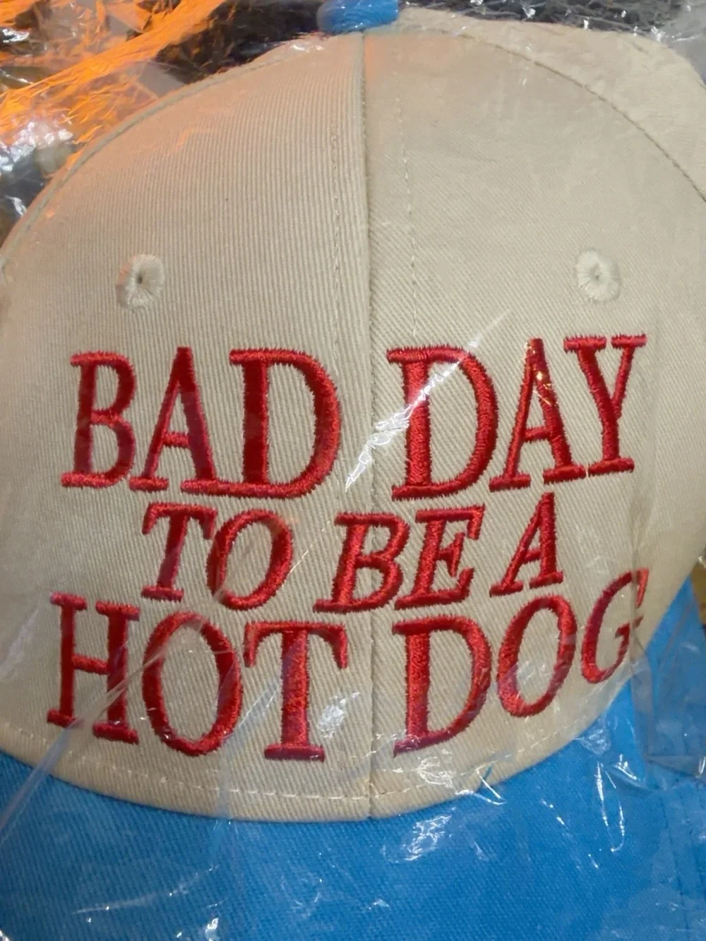 NWT Bad Day to Be a Hot Dog Embroidered Snapback Hat Blue Tan
